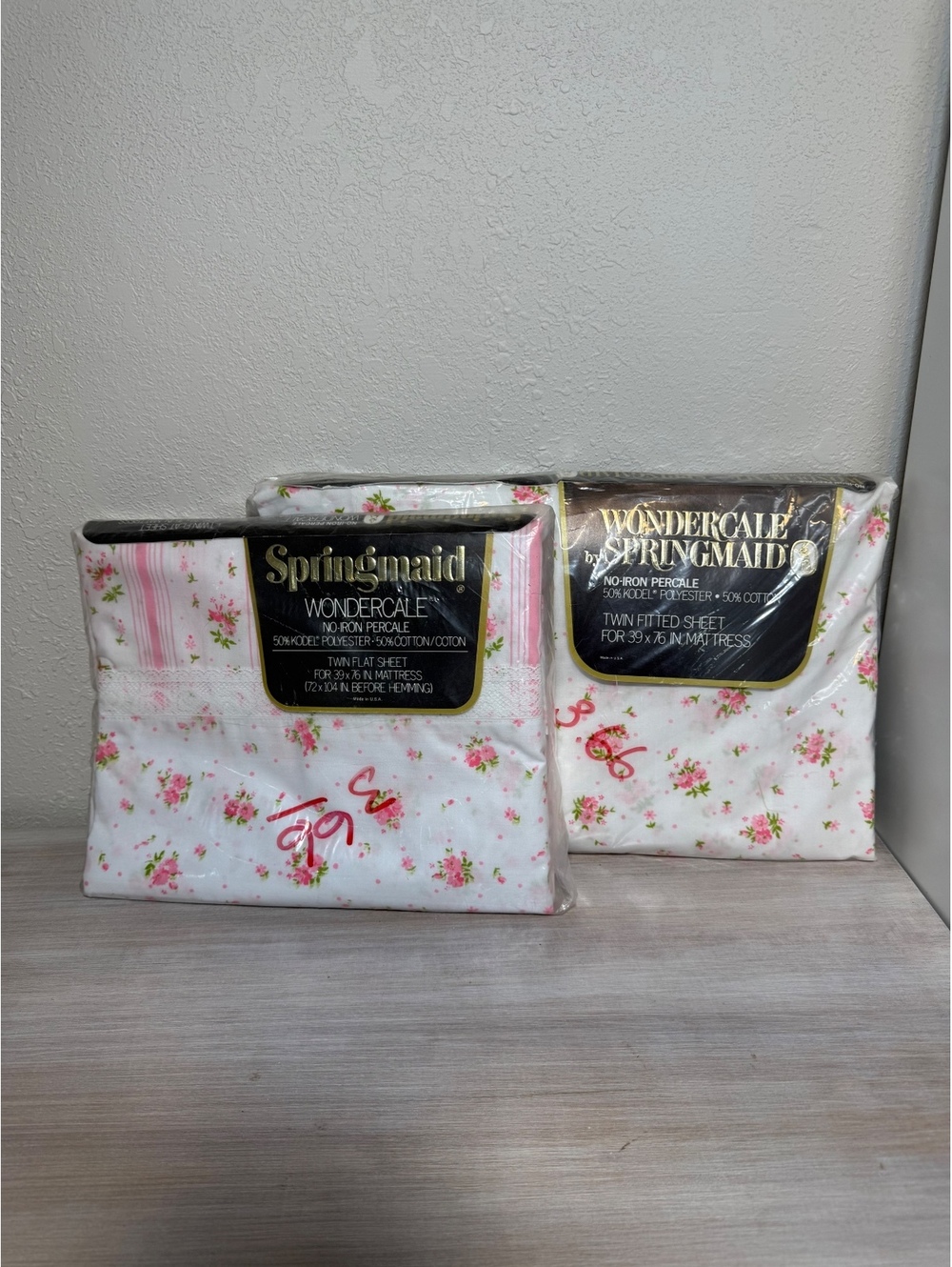 Vintage Springmaid Wondercale Twin Sheet Set Pink Floral Flat & Fitted NOS